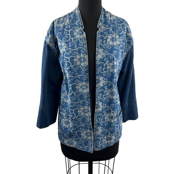 MiH Jeans Blue Floral Denim Jacket Kimono-Style Wide 3/4 Sleeves Open Front XS - Picture 1 of 7